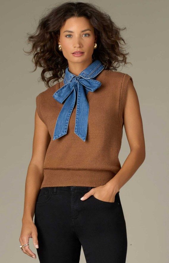 Mix Media Sleeveless Sweater w/Denim Tie, Color: Sahara Sand, Size: Small