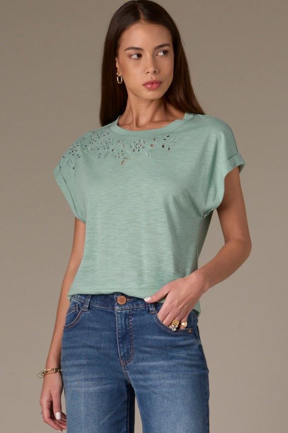 Roll Cuff Sleeve Knit Top, Color: Vintage Jade, Size: Extra Small