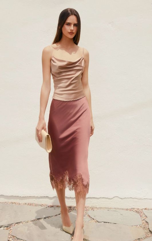 Dull Satin Lace Hem Pencil Skirt