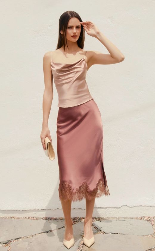 Dull Satin Lace Hem Pencil Skirt, Color: Rose Dawn, Size: Small