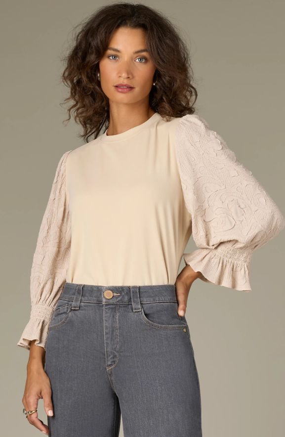 3/4 Qtr Flounce Sleeve Round Neck Mix Media Knit Top