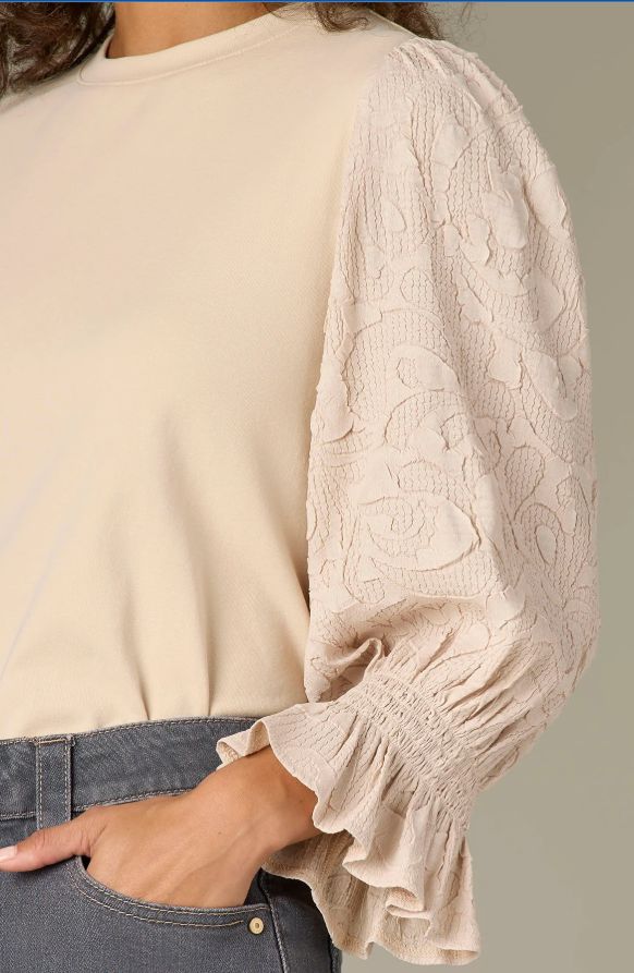 3/4 Qtr Flounce Sleeve Round Neck Mix Media Knit Top