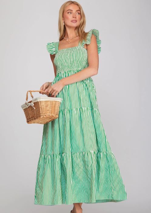 Ruffled Sleeve Square Neck Woven Stripe Maxi Dress With Pockets, Color: Green, Size: Small