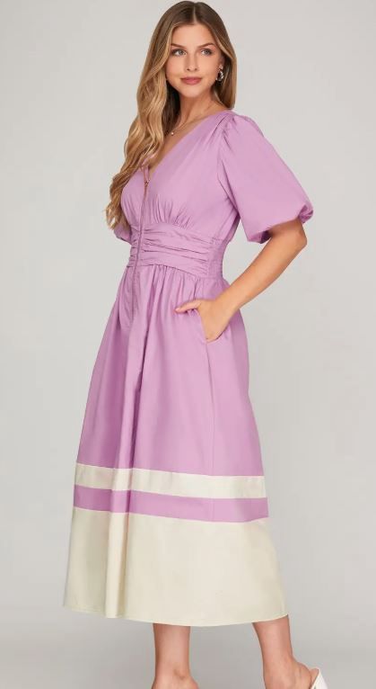 Bubble Sleeve Color Block Midi Dress with Pockets