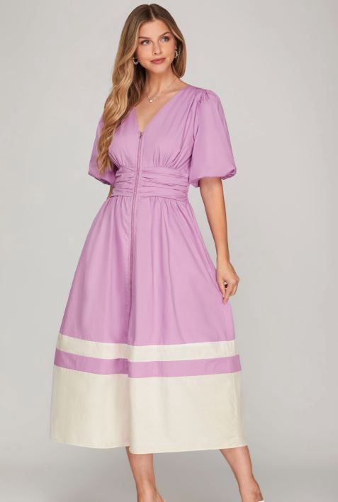 Bubble Sleeve Color Block Midi Dress with Pockets