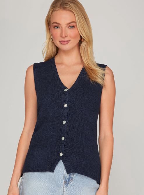Sleeveless V Neck Button Down Knit Sweater Vest