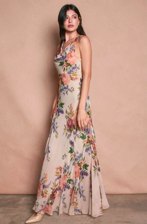 Delicate Affair Cowl Neck Godet Maxi Dress