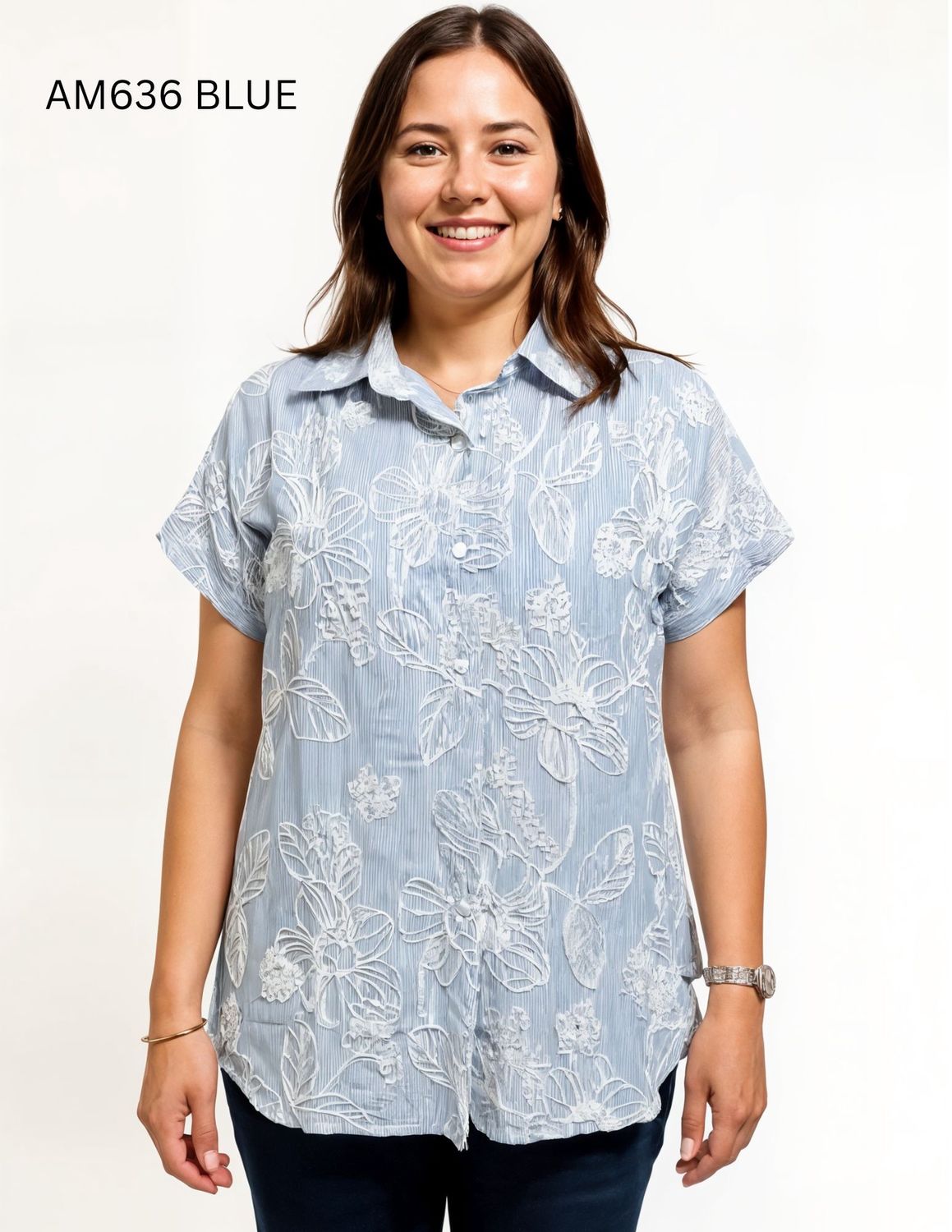 Floral Top With White Stitching, Color: Blue, Size: Small