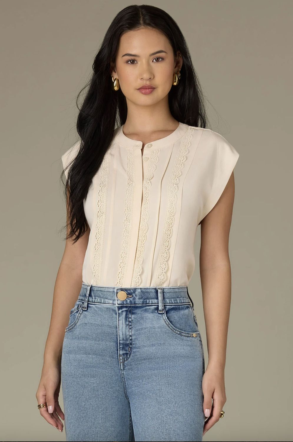 Extended Shoulder Stand Collar Button Down Woven Top Extended Shoulder Stand Collar Button Down Woven Top, Color: Basil, Size: Small