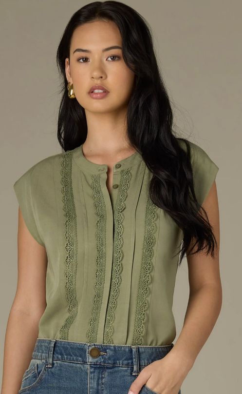 Extended Shoulder Stand Collar Button Down Woven Top