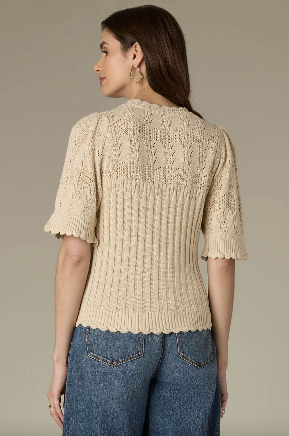 Above Elbow Flounce Sleeve round Neck Mixed Stitch Sweater