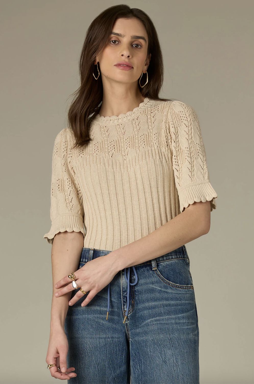 Above Elbow Flounce Sleeve round Neck Mixed Stitch Sweater, Color: Dupi, Size: Small