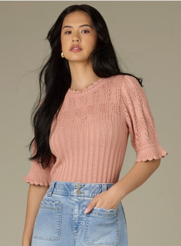 Above Elbow Flounce Sleeve round Neck Mixed Stitch Sweater, Color: Dusty Pink, Size: Small