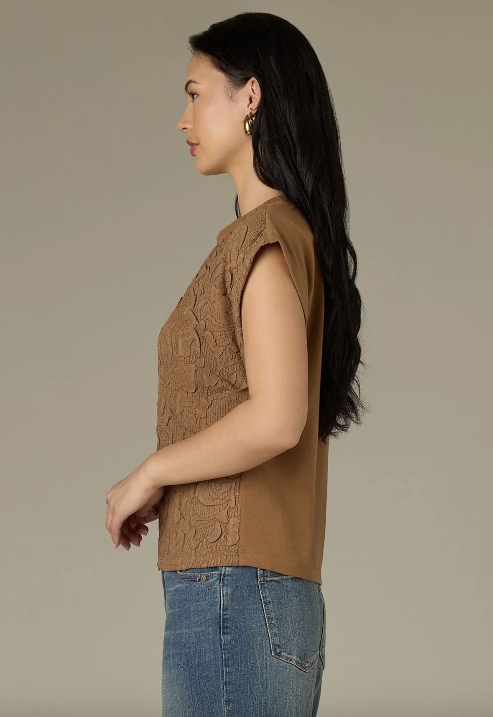 Extended Sleeve Scoop Neck Textured Mixed Media Woven Top