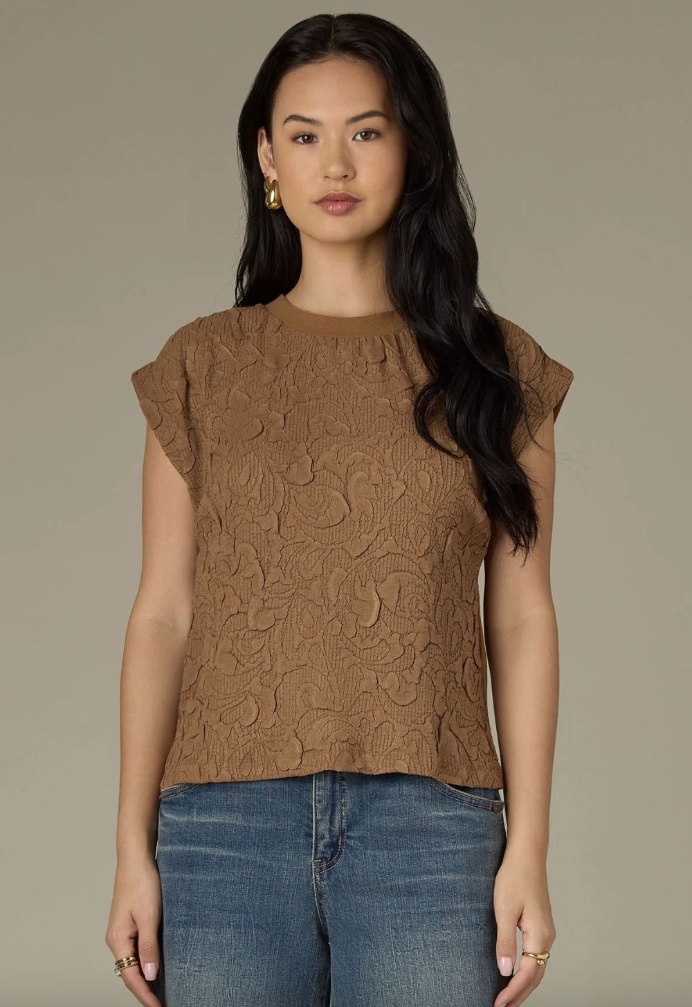 Extended Sleeve Scoop Neck Textured Mixed Media Woven Top, Color: Butter Toffee, Size: Small