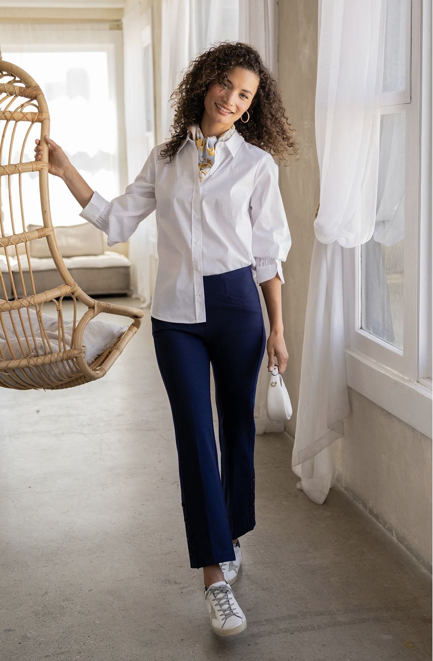 Adjustable Sleeve Button Front Woven Top