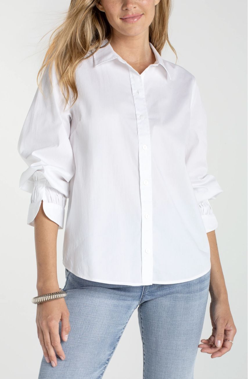 Adjustable Sleeve Button Front Woven Top, Color: White, Size: Small