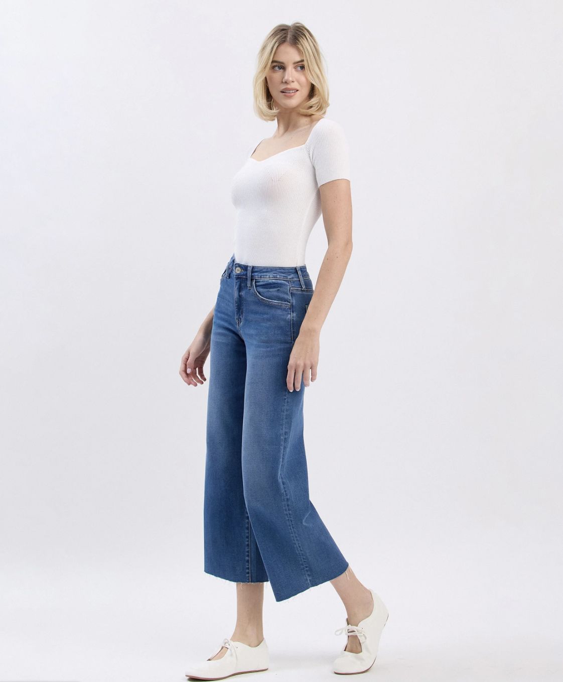 Right - High Rise Raw Hem Crop Slim Wide Leg Jeans, Color: Medium, Size: 26