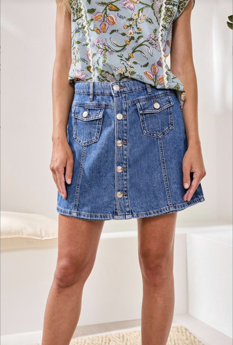 Audrey Button Down Denim Skort, Color: Dark Pacific, Size: 4