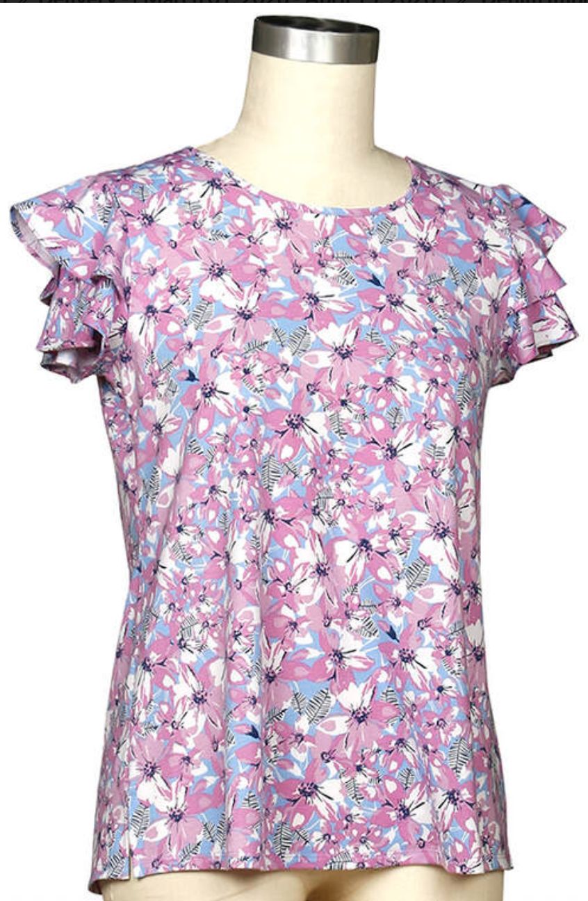 Denim Impressive Short Sleeve Floral Top, Color: Lilac Denim, Size: Small