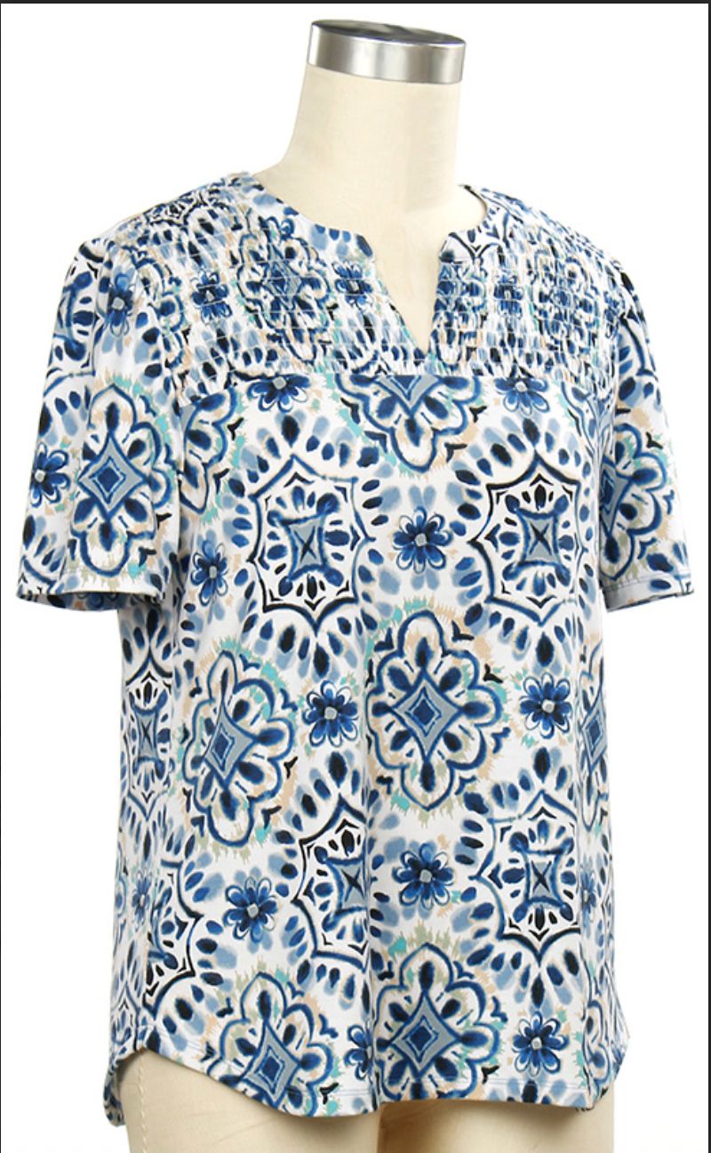 Heart N Soul Short Sleeve Smocked Shirt, Color: Ink Denim Aqua, Size: Small