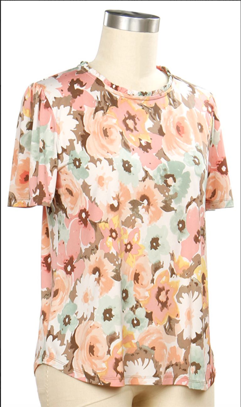 New Horizon Short Sleeve Floral Print Top, Color: Café Sunset, Size: Small
