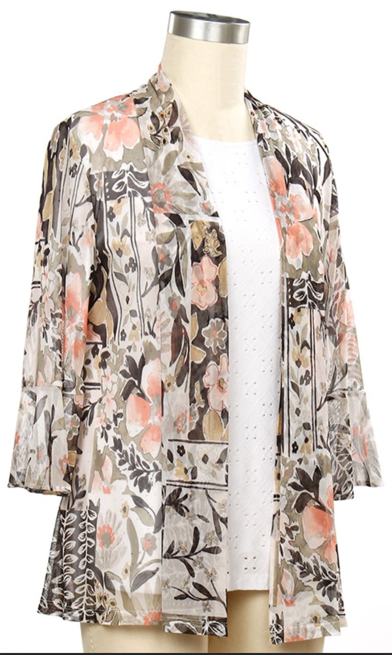 Morning Glory 3/4 Sleeve Mesh Cardi Jacket, Color: Natural Epic Peach, Size: Small