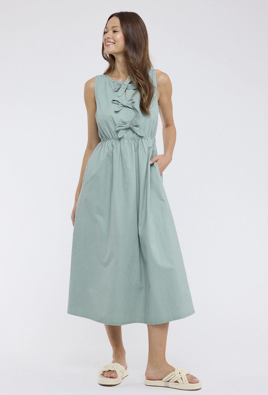 Cotton Triple Bow Midi Dress, Color: Agave, Size: Small