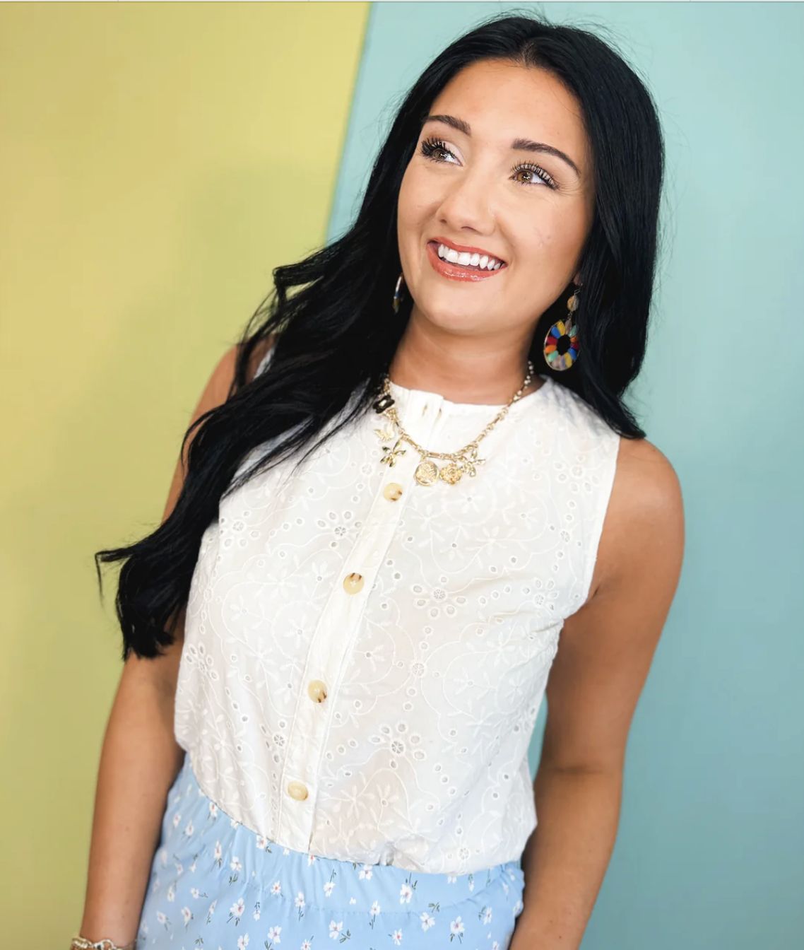 Floral Eyelet Button Up Tank Top, Color: Off White, Size: Small