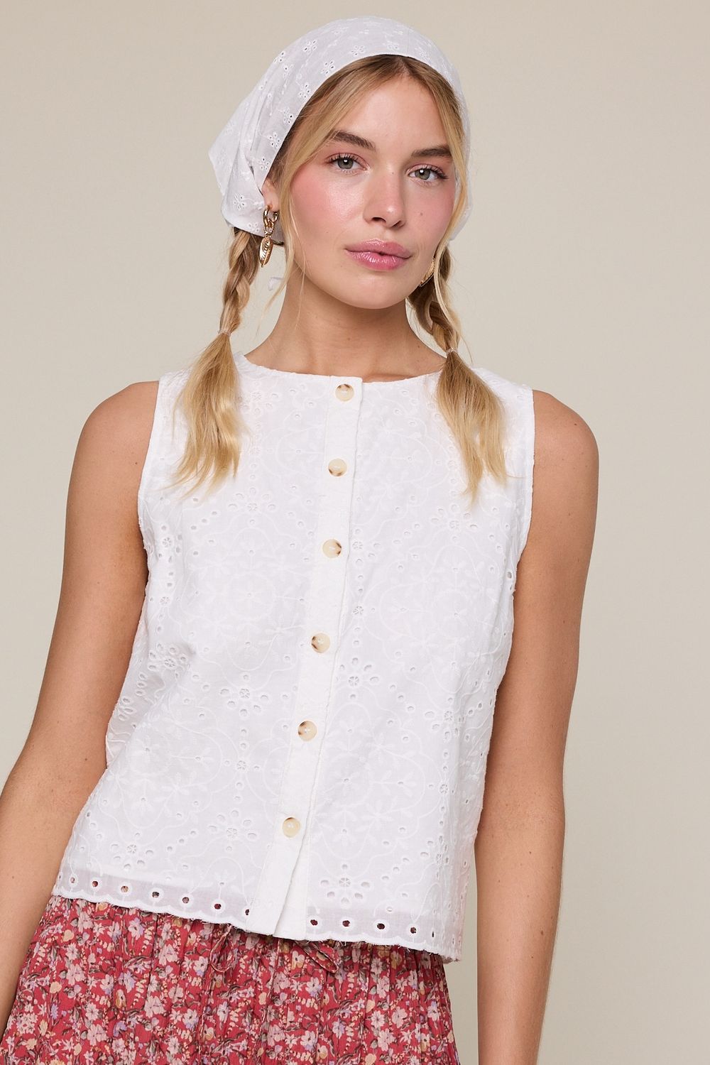 Floral Eyelet Button Up Tank Top, Color: Off White, Size: Small