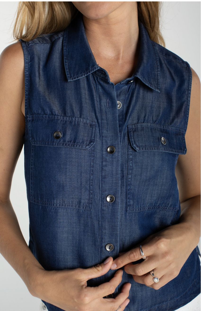 Sleeveless Button Front Top w/ Pockets