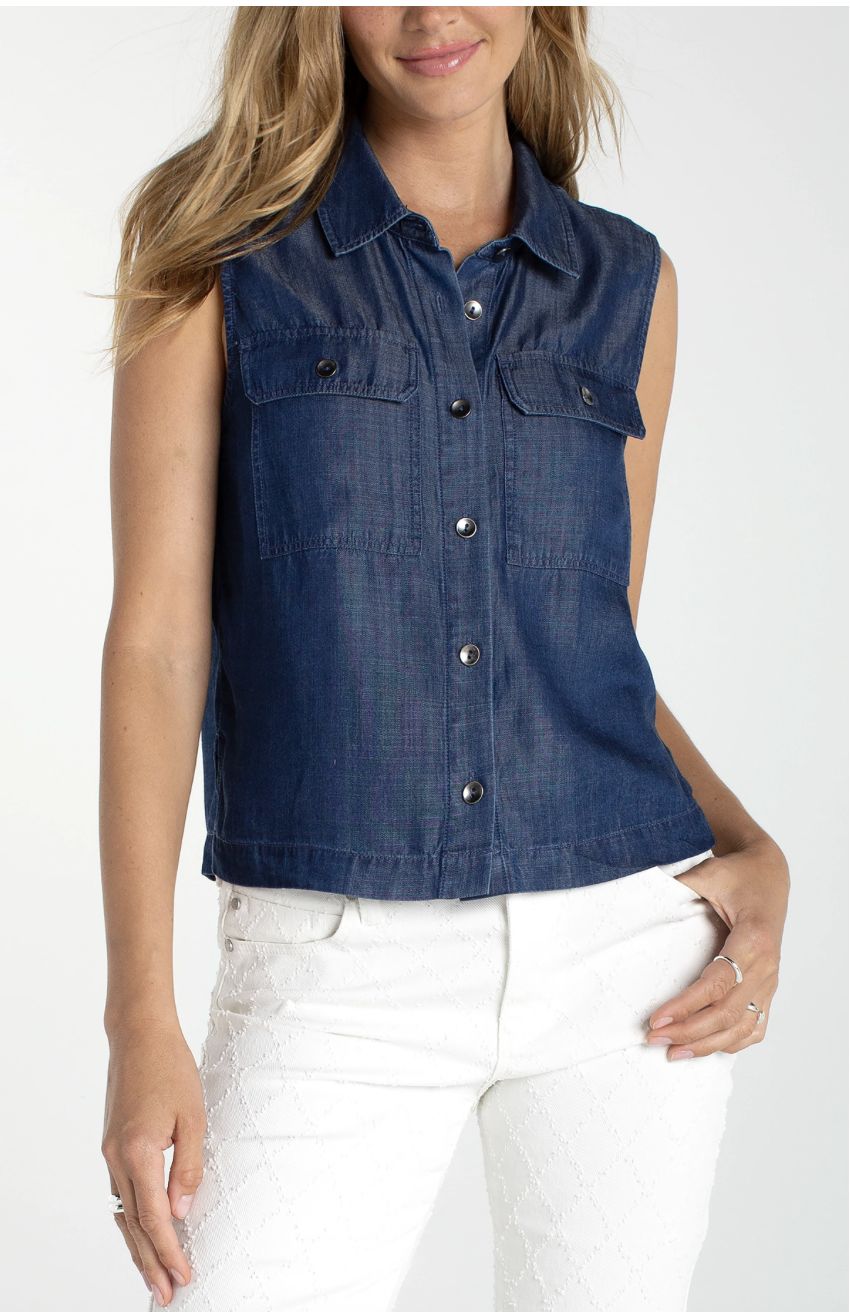 Sleeveless Button Front Top w/ Pockets, Color: Serene, Size: Small