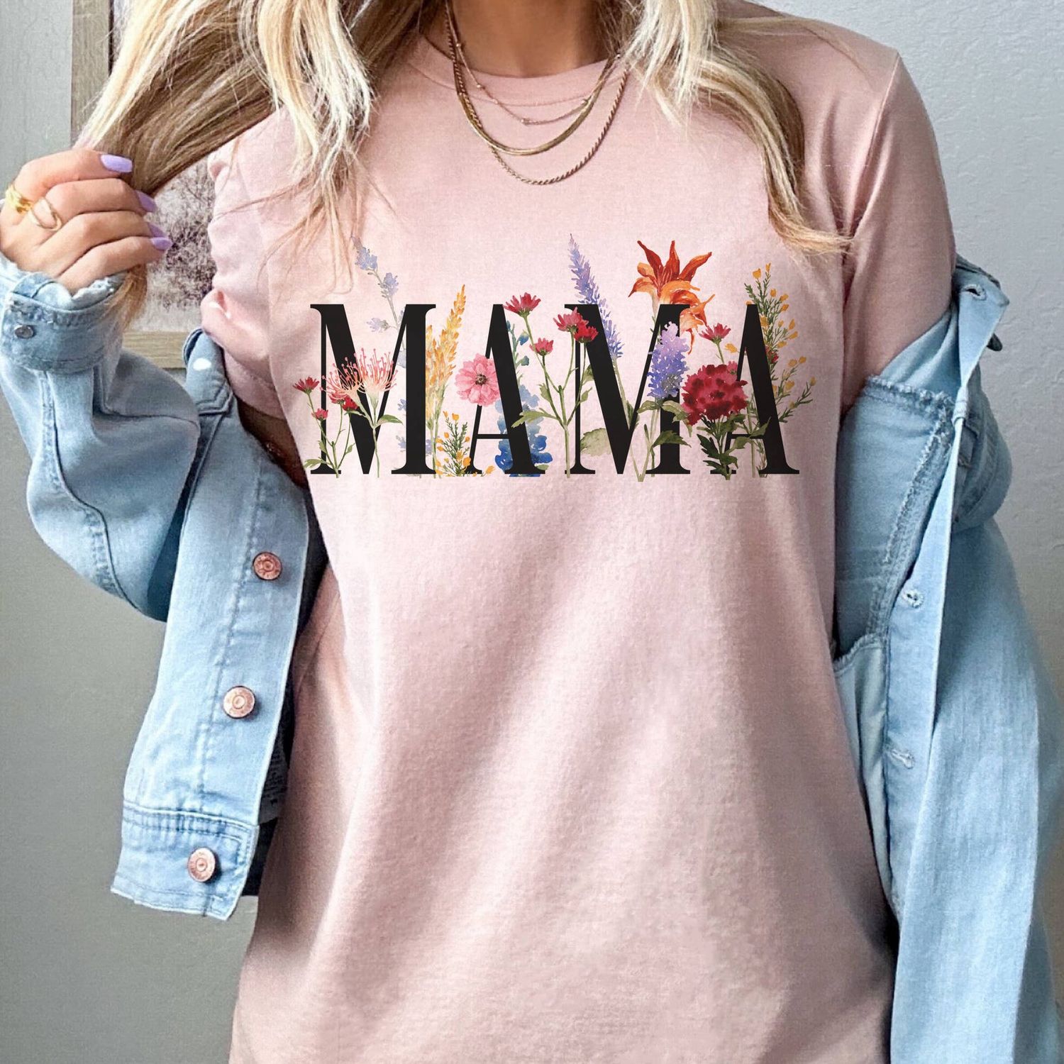 Mama Floral summer Mothers Day Mom Flowers Graphic Tee, Color: Peach, Size: Xlarge
