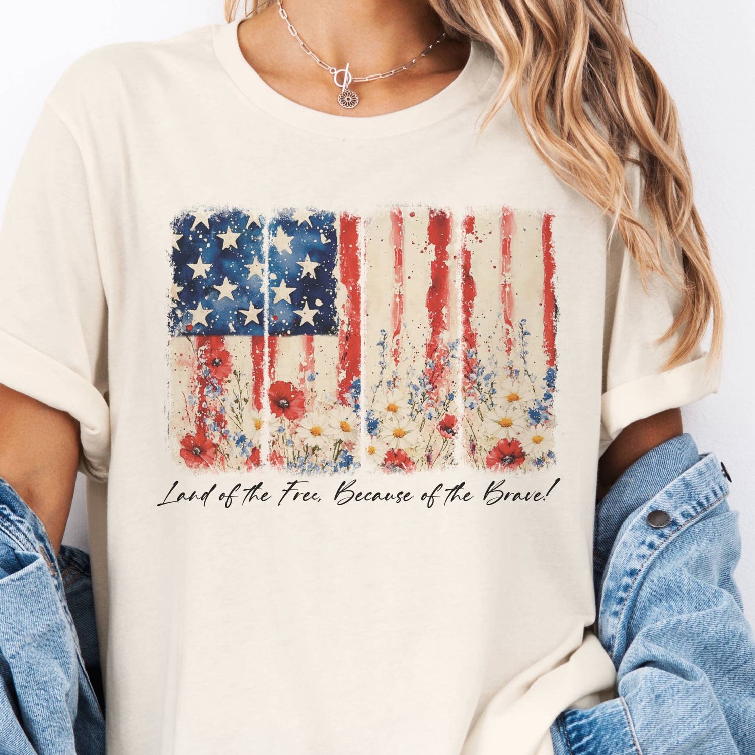 USA Flag Floral Country Land of the Free Market  Graphic Tee, Color: Cream, Size: Small