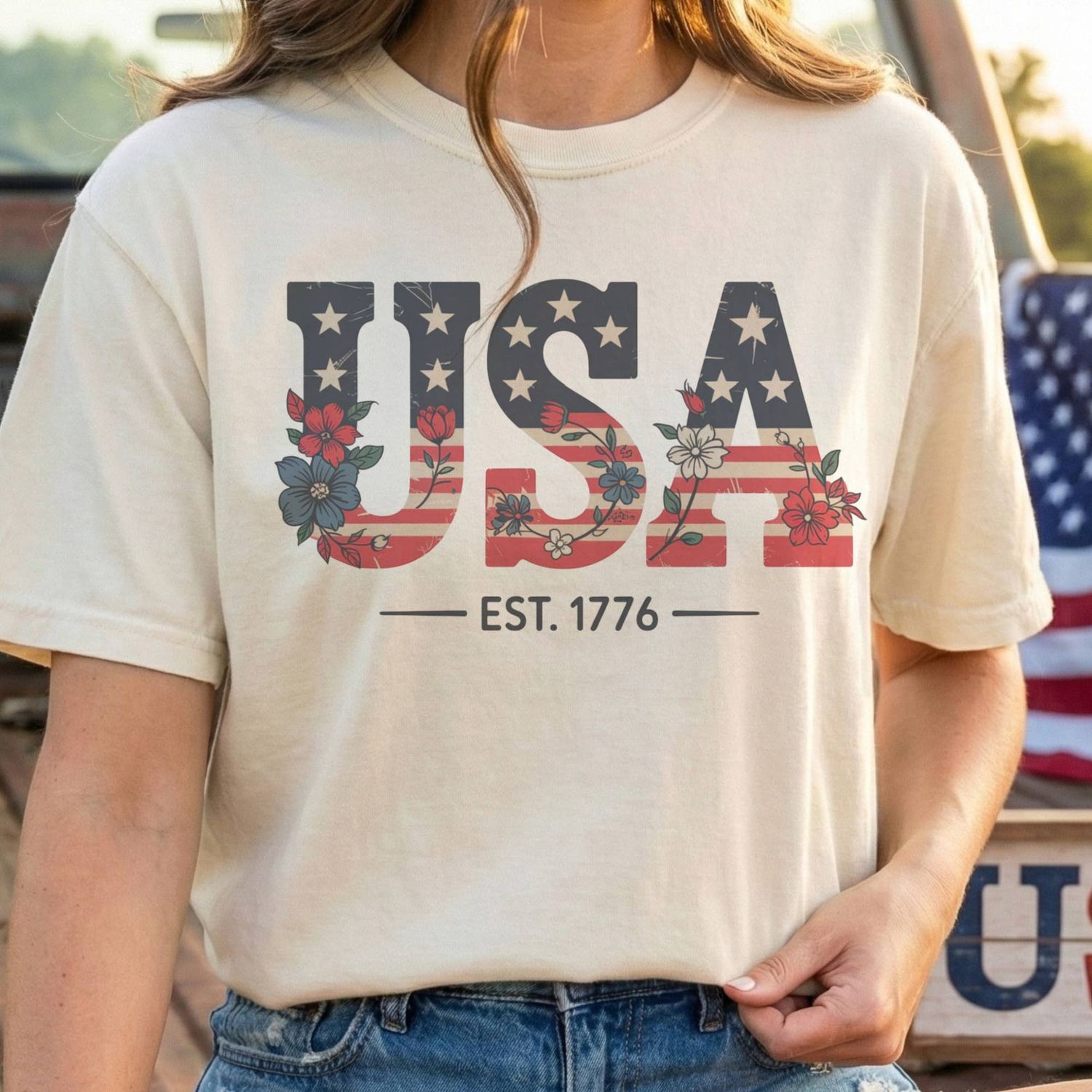USA Floral Patriotic BOHO 4th of July Vintage Graphic Tee, Color: Cream, Size: Small