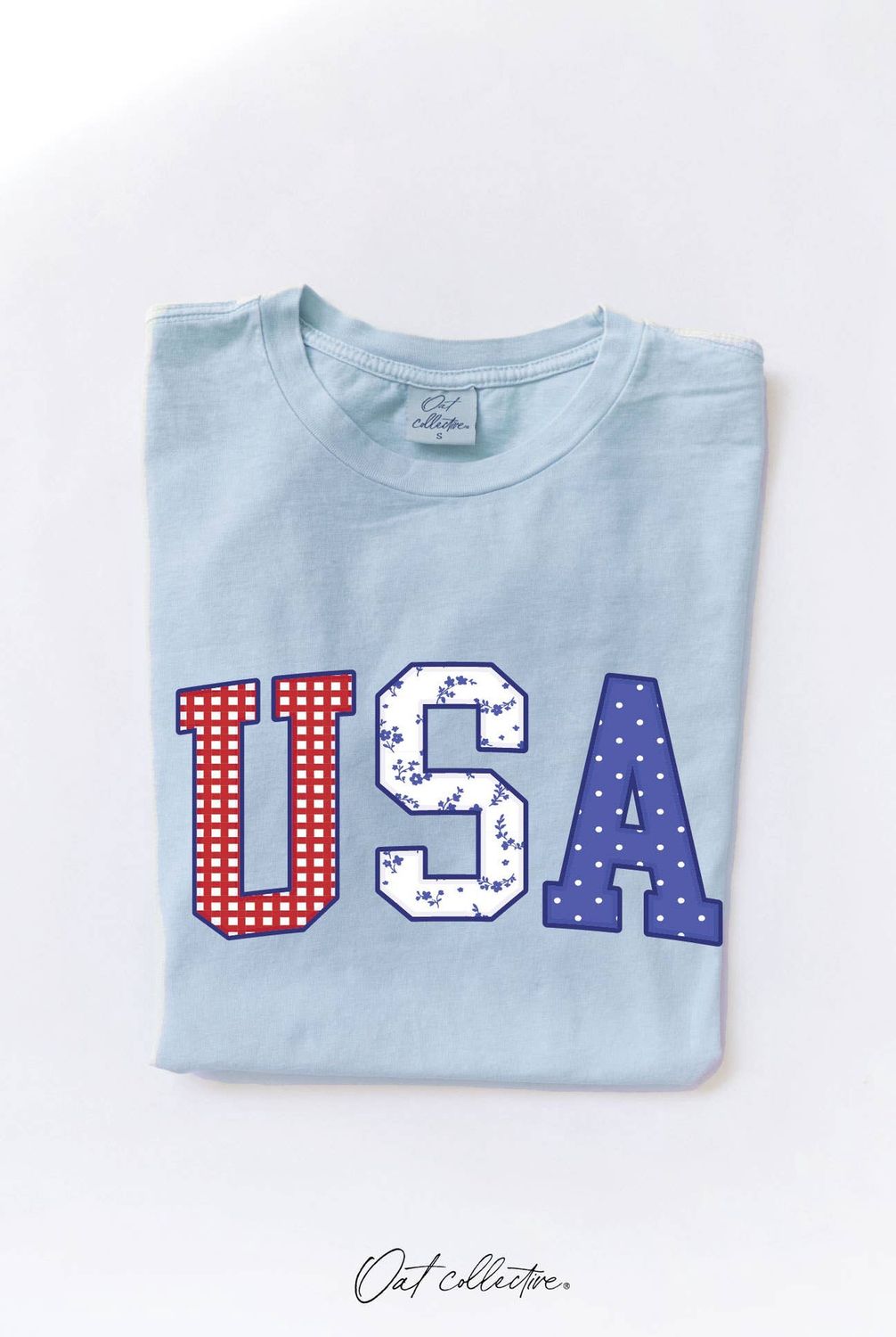 USA with Pattern  Mineral Graphic Top, Color: Light Blue, Size: Small