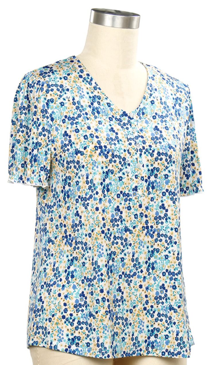 Short Sleeve Charo Ditsy Print Placket Top, Color: Navy Yellow, Size: Small