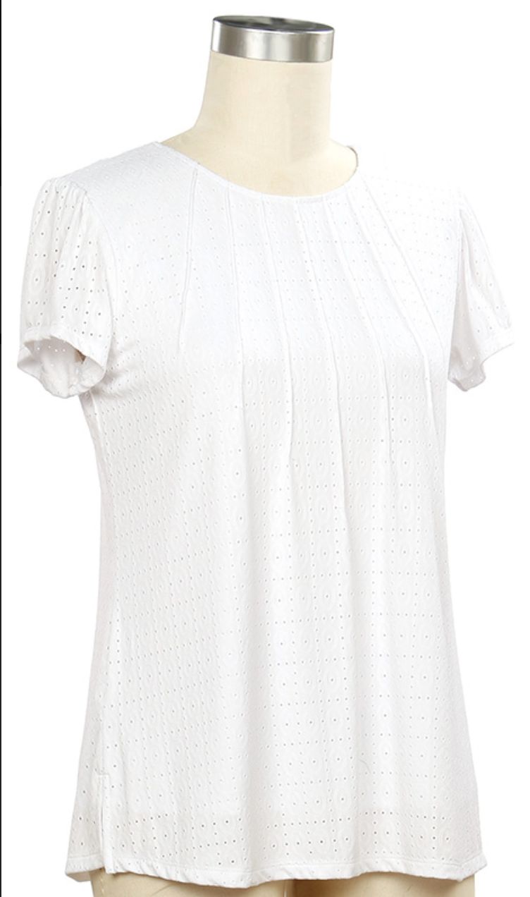 Real Deal Short Sleeve Solid Eyelet Top, Color: White, Size: Small