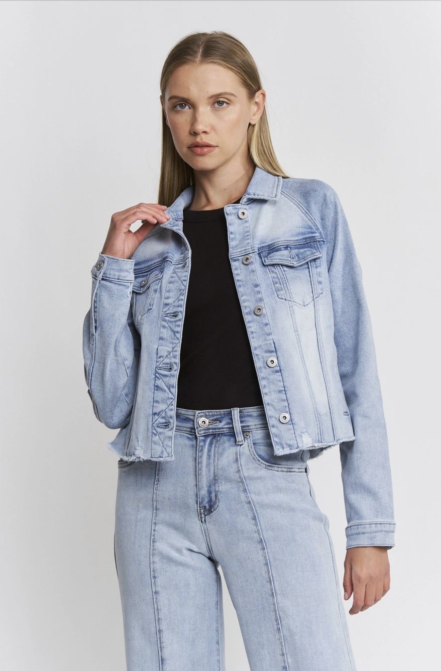 Raw Hem Denim Jacket Leather Patch, Color: Power Indigo, Size: X-Small