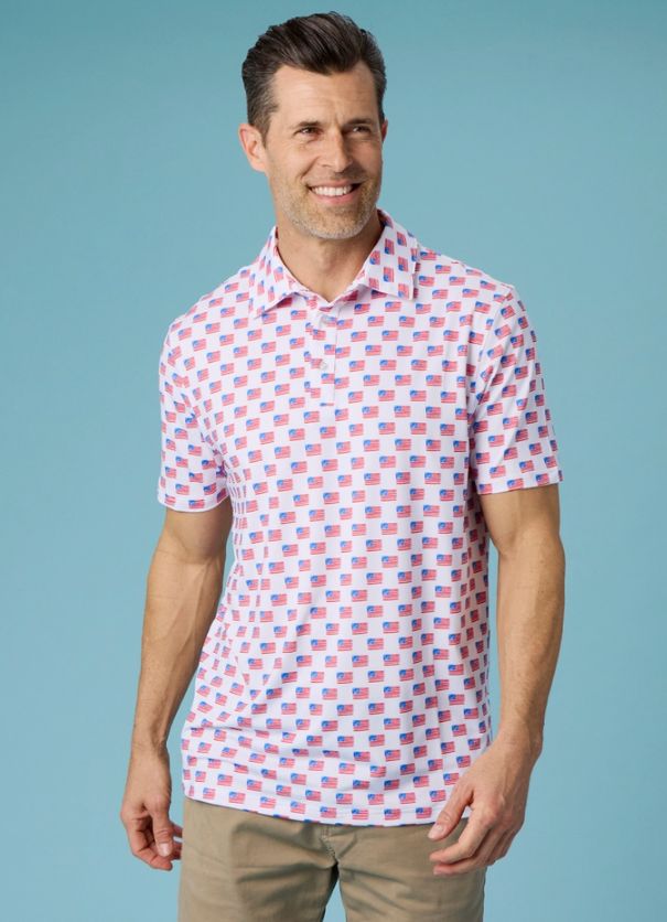 Men's Freedom Flags Knit Short Sleeve Performance Polo, Size: Large