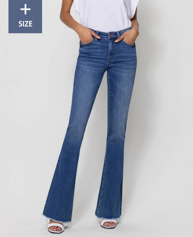 Alison | Plus Size | Mid Rise Raw Hem Mini Flare Jeans