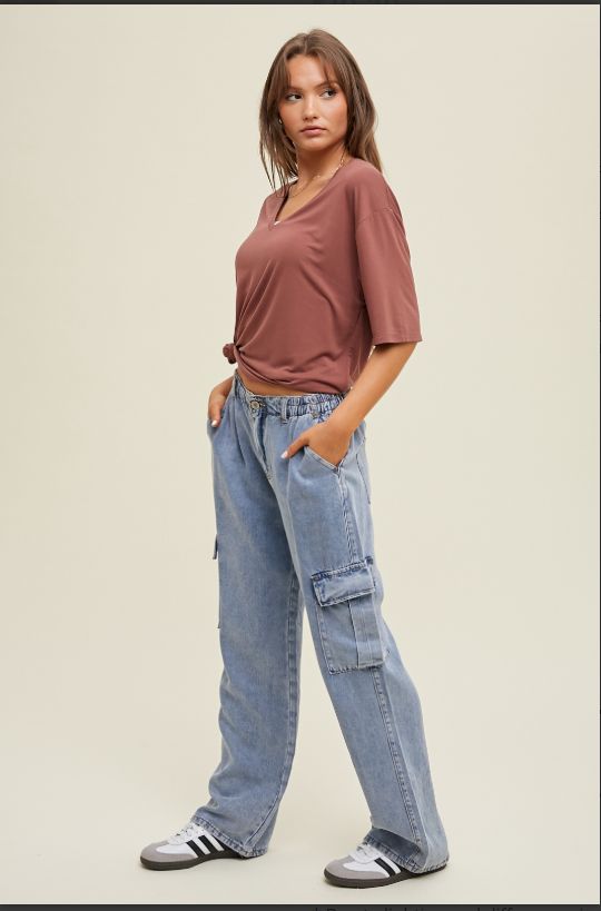 Drop Shoulder V-Neck Knit Top