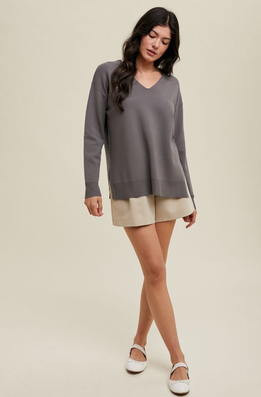 Drop Shoulder Sweater Top with Side Slits