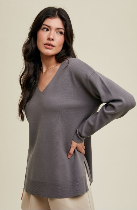 Drop Shoulder Sweater Top with Side Slits
