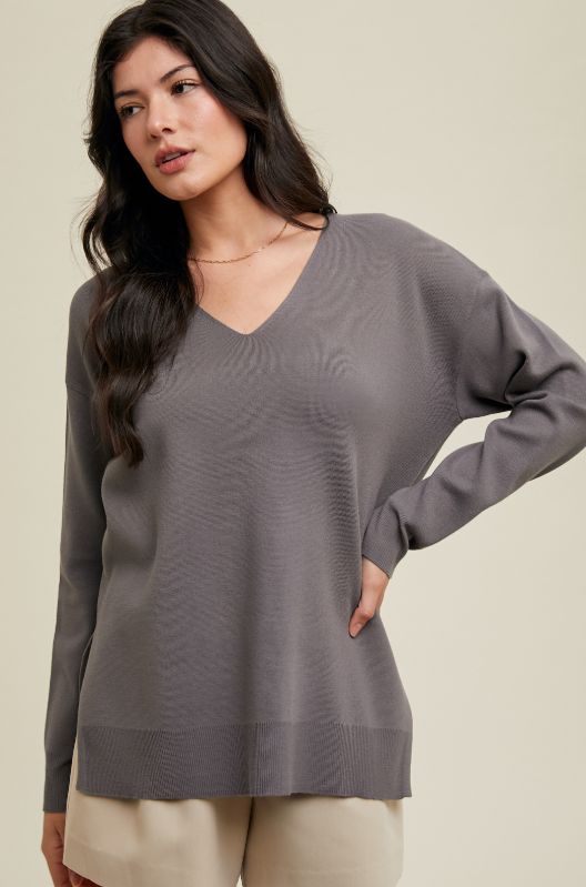 Drop Shoulder Sweater Top with Side Slits, Color: Charcoal, Size: Small
