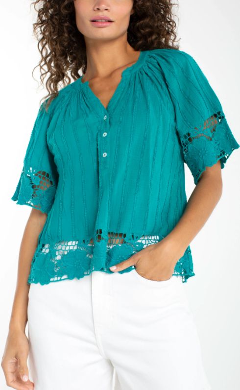 Short Sleeve Woven Top With Lace