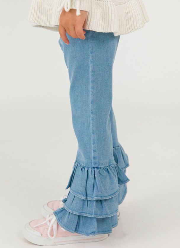 Light Wash Stretch Denim Ruffle Flare Pants with Signature Rear Ruffles