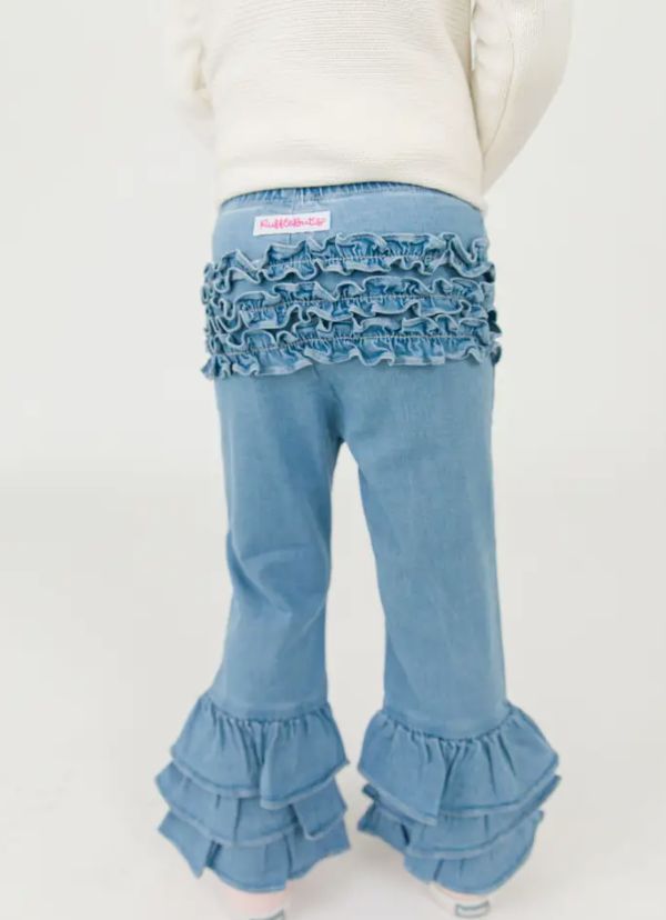 Light Wash Stretch Denim Ruffle Flare Pants with Signature Rear Ruffles, Color: Blue, Size: 6-12M