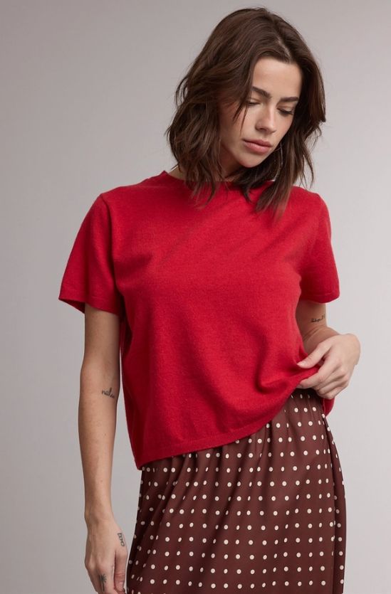 Short Sleeve Crew Neck Knit Top, Color: Chili, Size: Small