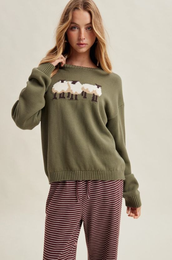 Sheep Trio Crew Neck Sweater, Color: Olive, Size: Small